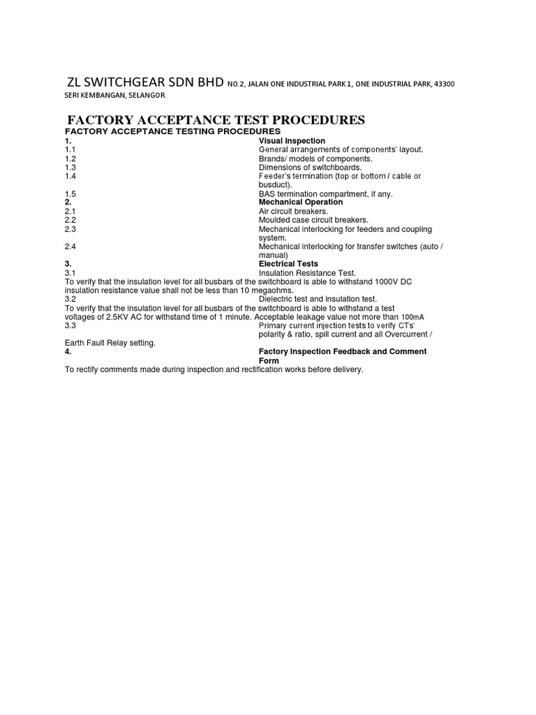 ZL Switchgear SDN BHD Factory Acceptance Test Procedures PDF