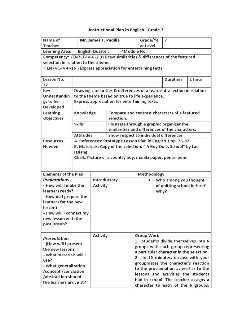 Instructional Plan in English - Grade 7 Mr. James T. Padilla ...