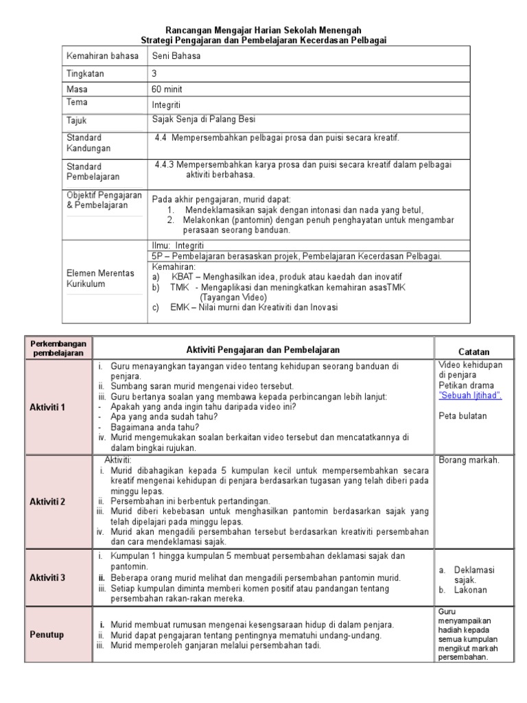 Contoh Rph Form 3 Aspek Seni Bahasa 4 4