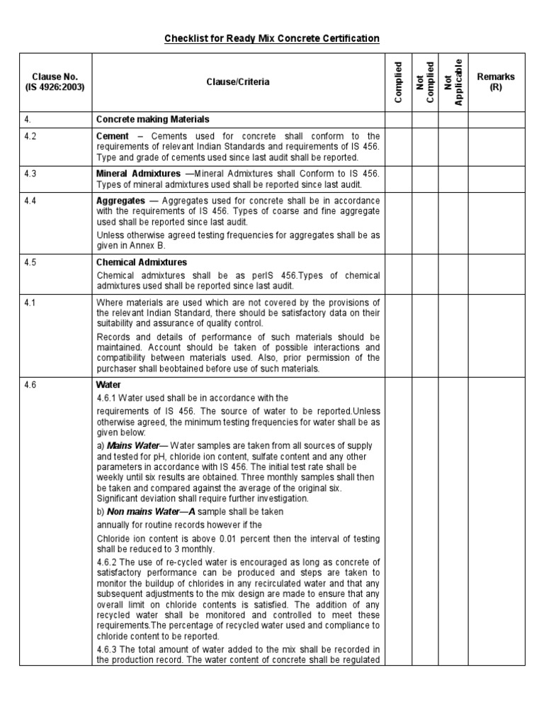 Checklist for RMC Concrete Cement