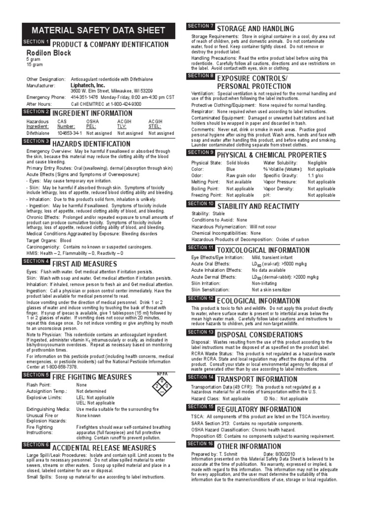 170.rodilon Block 5-15g MSDS | PDF | Toxicity | Dangerous Goods