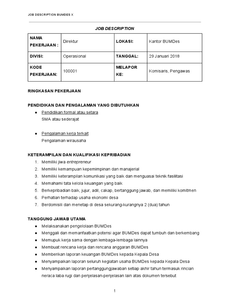 Job Desc Direktur Bumdes Contoh