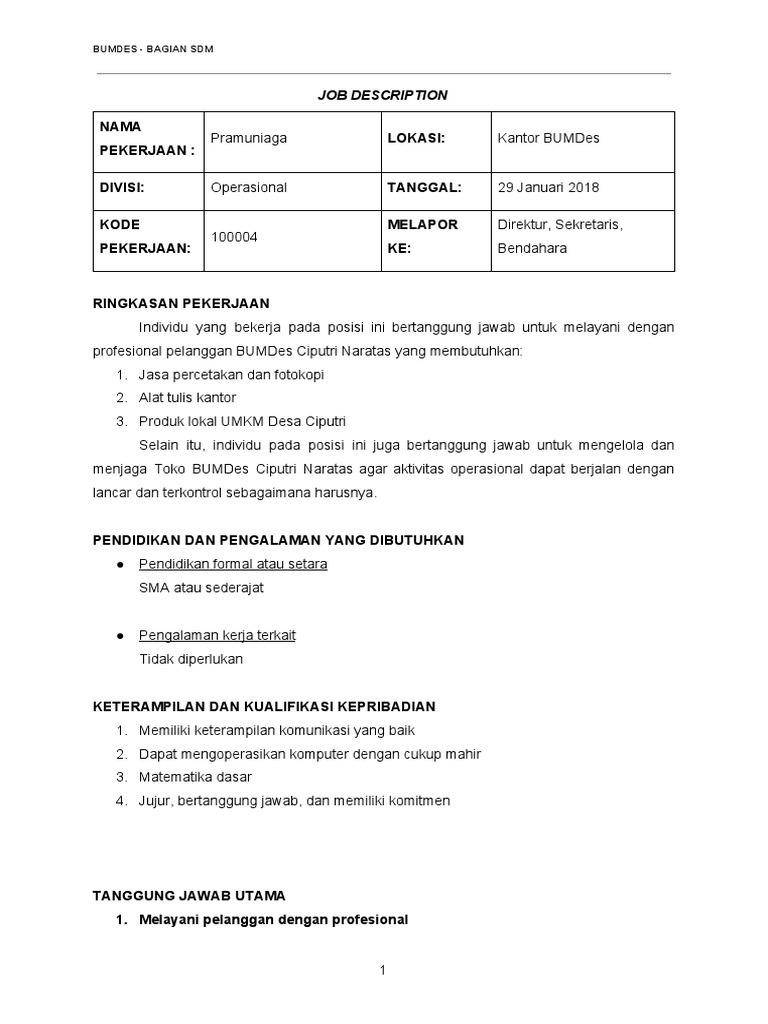 Job Desc Pramuniaga Bumdes Contoh