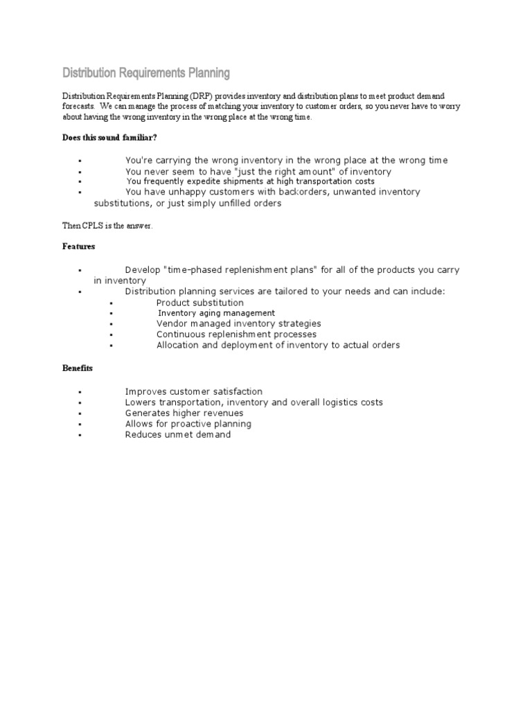 Distribution Requirements Planning PDF Supply Chain Enterprise