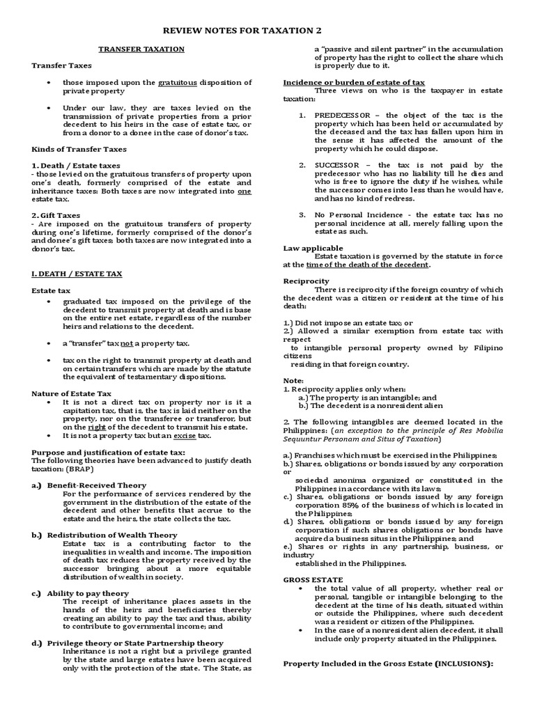 Transfer Taxation Review Notes | PDF | Estate Tax In The United States ...
