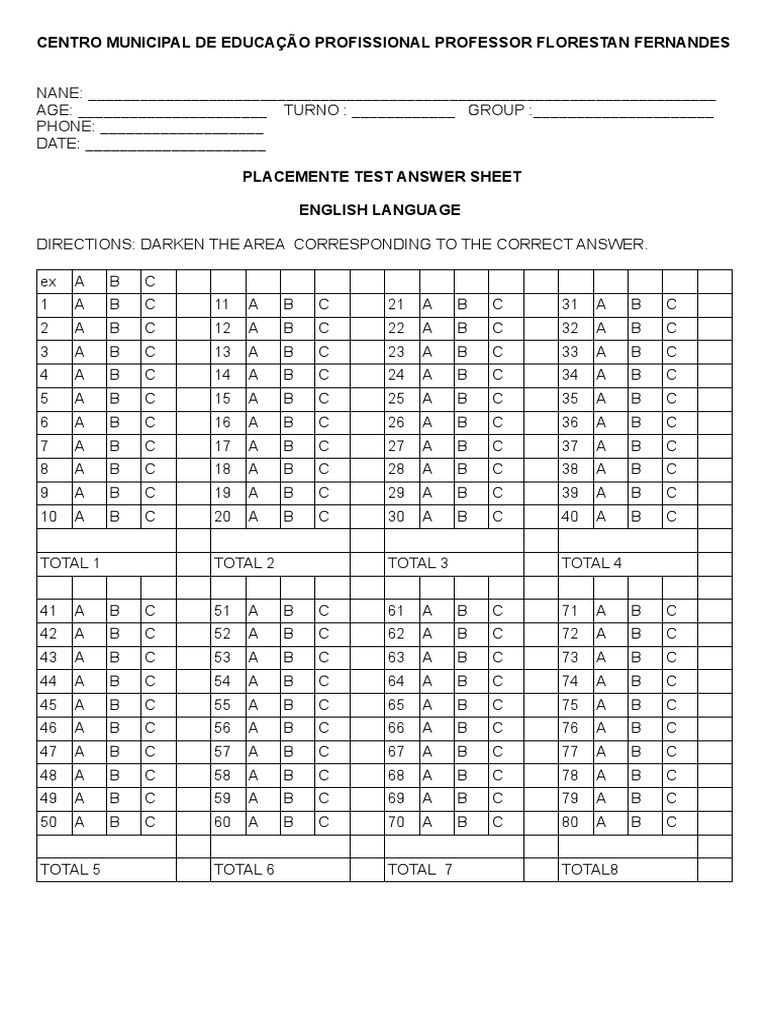 English Placement Test Answer Sheet | PDF | Teaching Methods ...