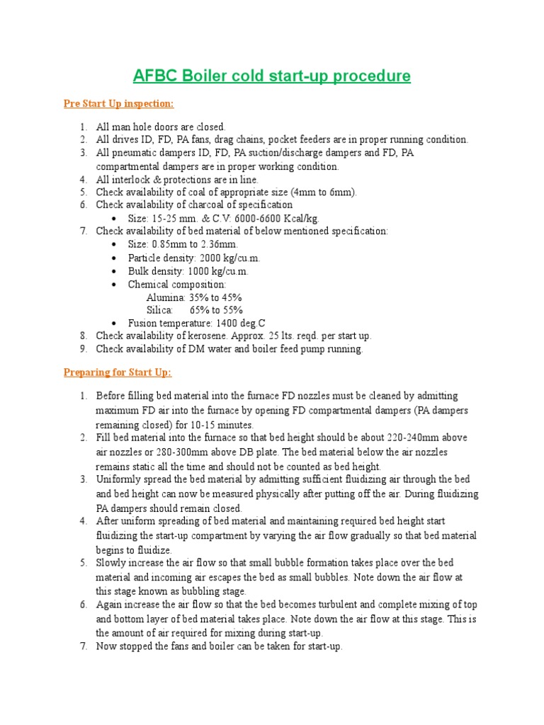 AFBC Boiler Cold StartUp Procedure PDF Boiler Combustion