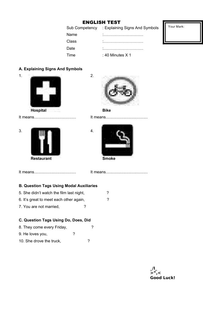 English Test: Signs, Symbols & Tags | PDF