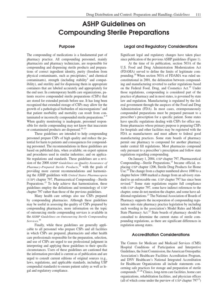 ASHP Guidelines On Compounding Sterile Preparations: Purpose Legal and ...