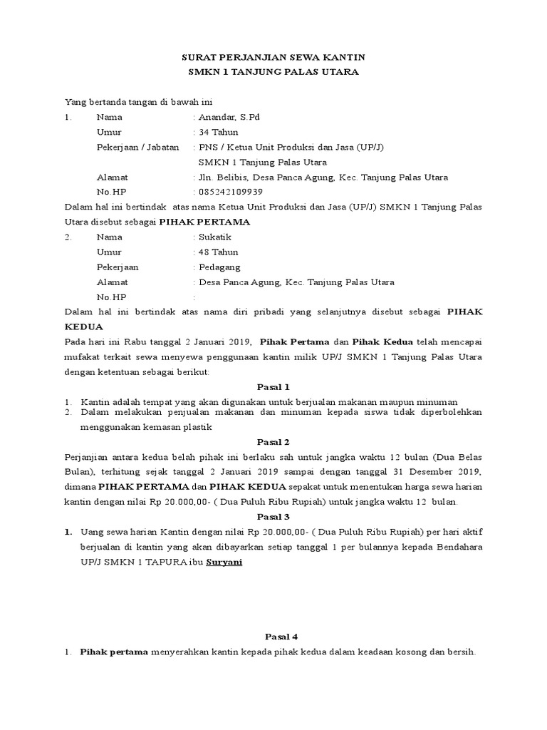 Contoh Surat Pernyataan Sewa Kantin