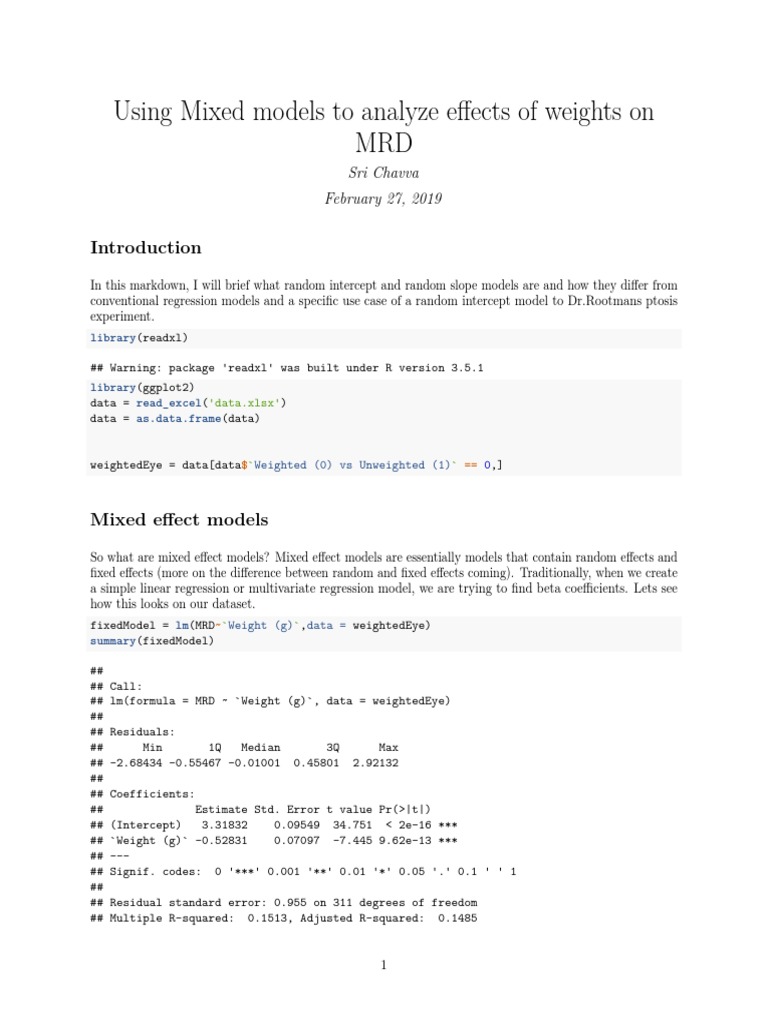 Mixed Effect Modelling On Weights Experiement | PDF | Errors And ...