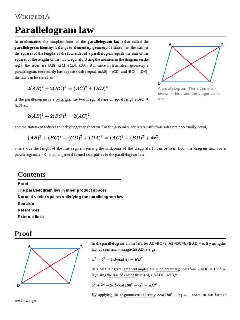 Parallelogram Law | PDF | Norm (Mathematics) | Elementary Mathematics