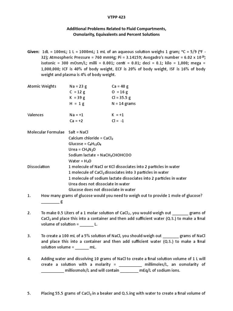 Additional Osmolarity Problems 2015 PDF Chemical Substances Chemistry