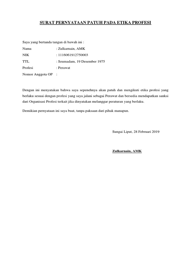 Surat Pernyataan Patuh Pada Etika Profesi | PDF