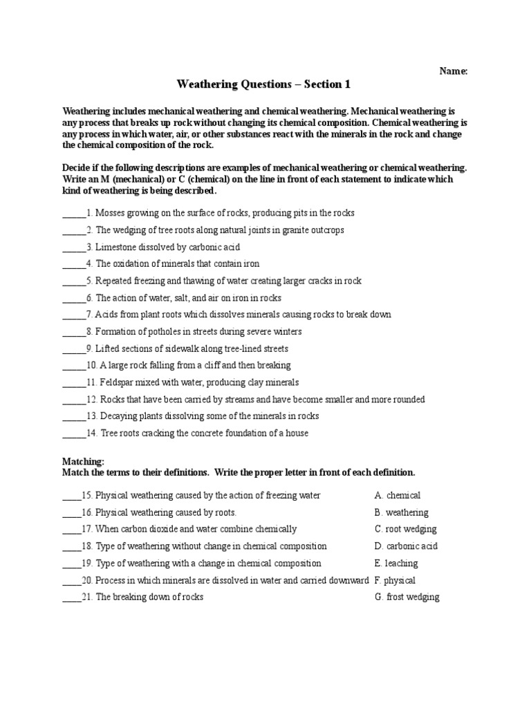 Weathering And Erosion Reading Questions 091 Weathering Erosion