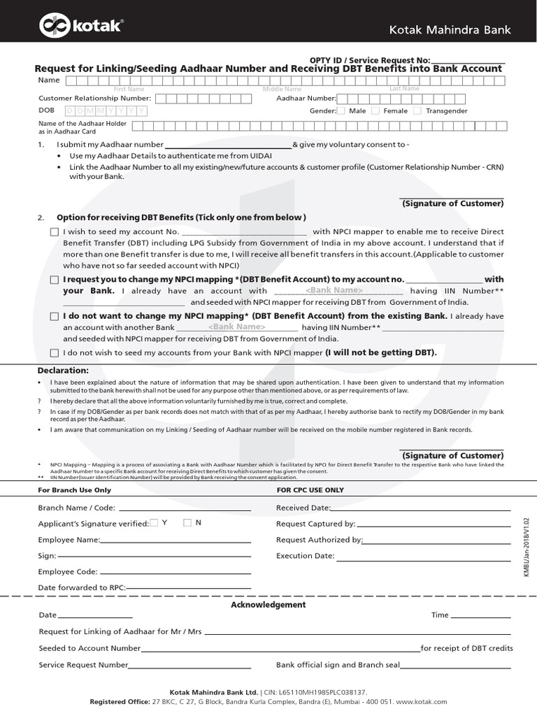 Aadhaar Seeding for DBT Benefits Form | PDF | Applications Of ...