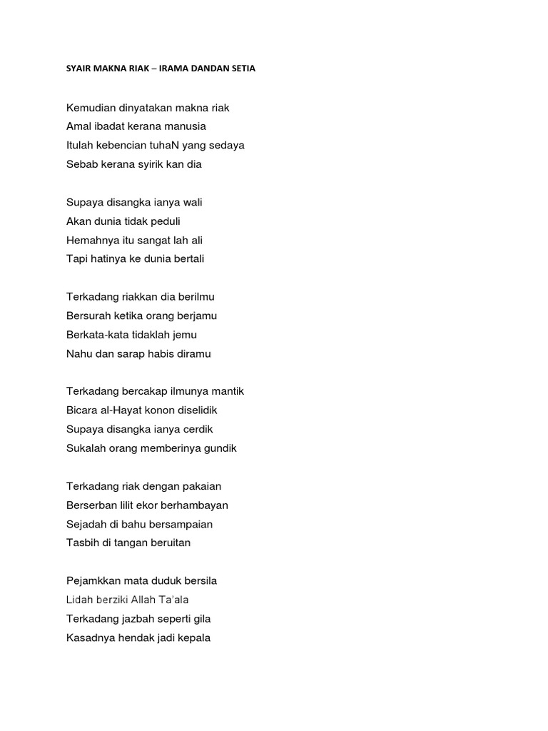 Syair Makna Riak Irama Dandan Setia