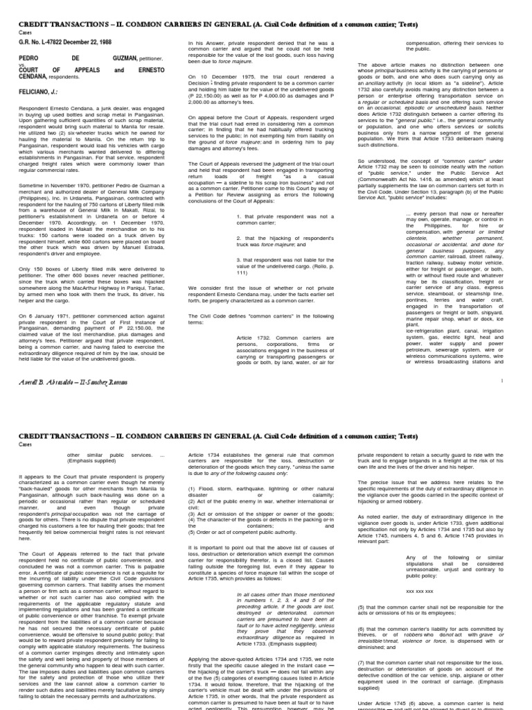 CREDIT TRANSACTIONS II. COMMON CARRIERS IN GENERAL (A. Civil Code Definition of A Common