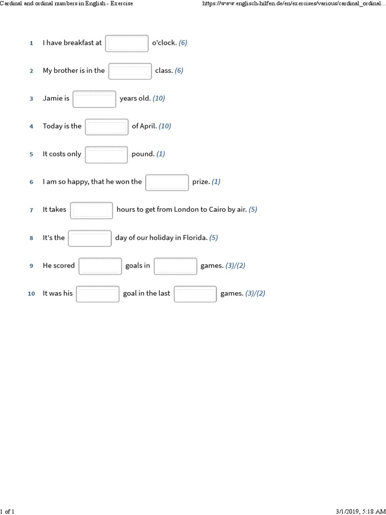 Cardinal and Ordinal Numbers in English - Exercise | PDF