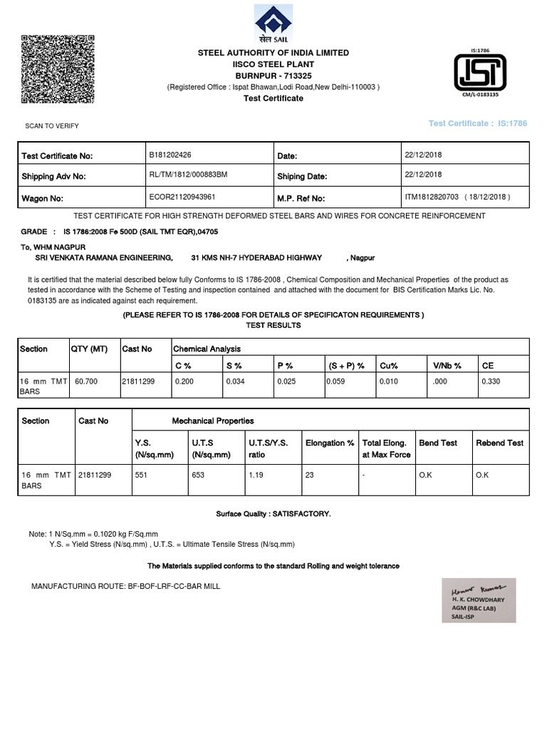 Fe 500D TMT Steel Test Certificate | PDF | Mechanical Engineering ...