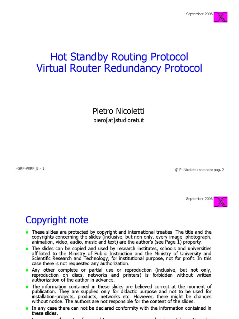 Hot Standby Routing Protocol Virtual Router Redundancy Protocol | PDF