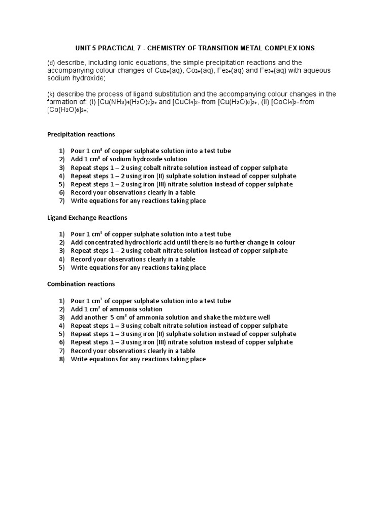 Precipitation Reactions: Unit 5 Practical 7 - Chemistry of Transition ...