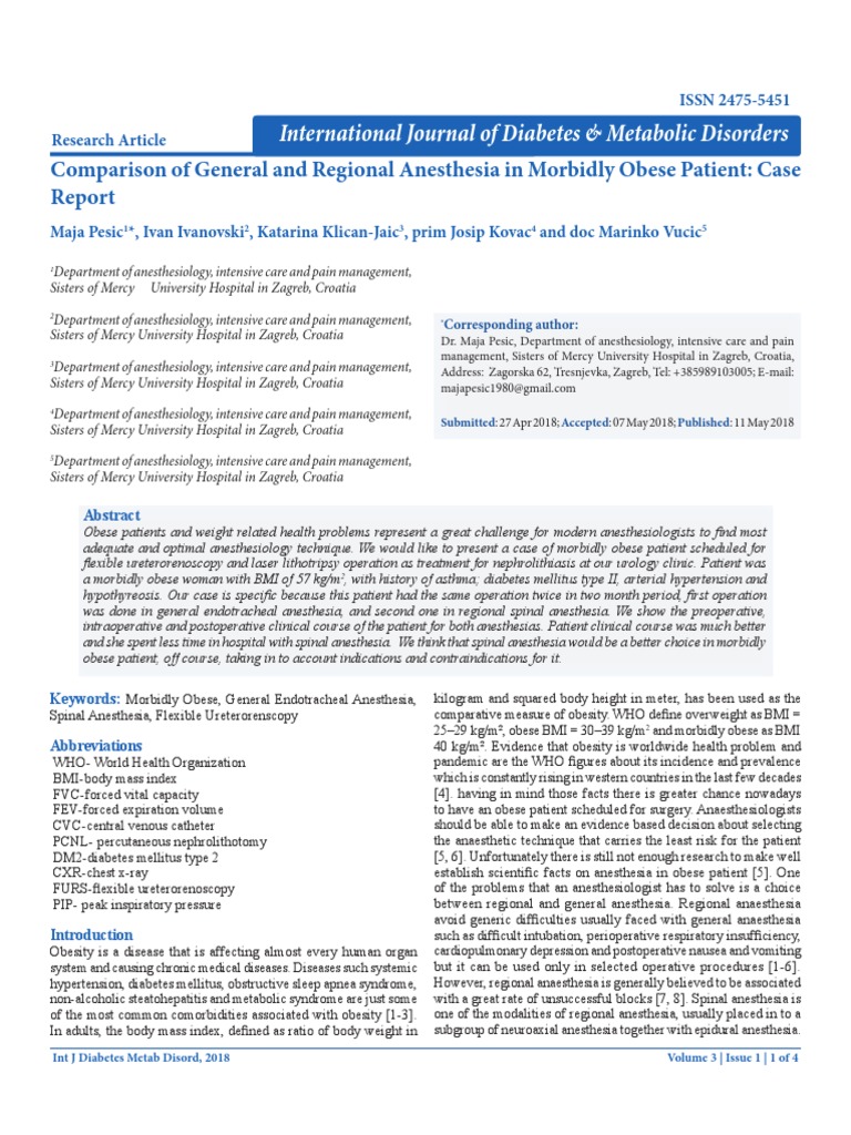 Comparison of General and Regional Anesthesia in Morbidly Obese Patient