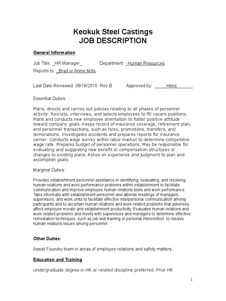 Keokuk Steel Castings Job Description General Information PDF