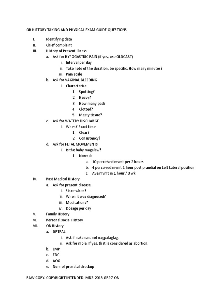 Ob History Taking and Physical Exam Guide Questions PDF Sexual
