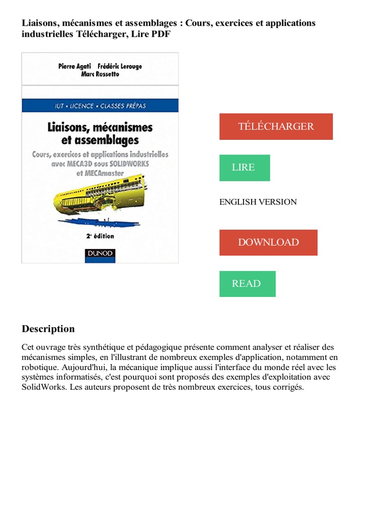Comment Faire Un Schéma Cinematique Solidworks A Partir D un Assemblage Liaisons, Mécanismes Et Assemblages: Cours, Exercices Et Applications  Industrielles Télécharger, Lire PDF | PDF | Application | Liaison chimique