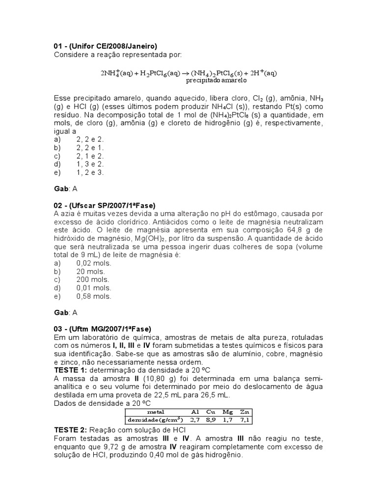 Calculo Estequiométrico - Mol (77 Questões) | PDF | Combustão | Mol ...