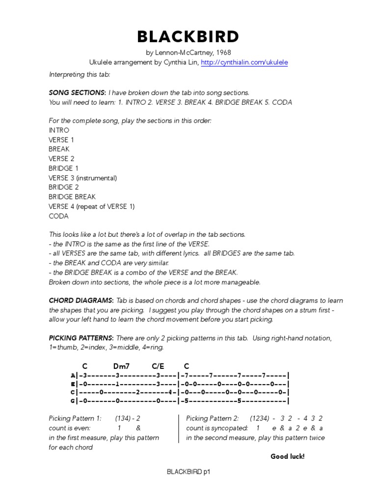 BLACKBIRD Full Tab and Chords Ukulele Chord Chart PDF PDF
