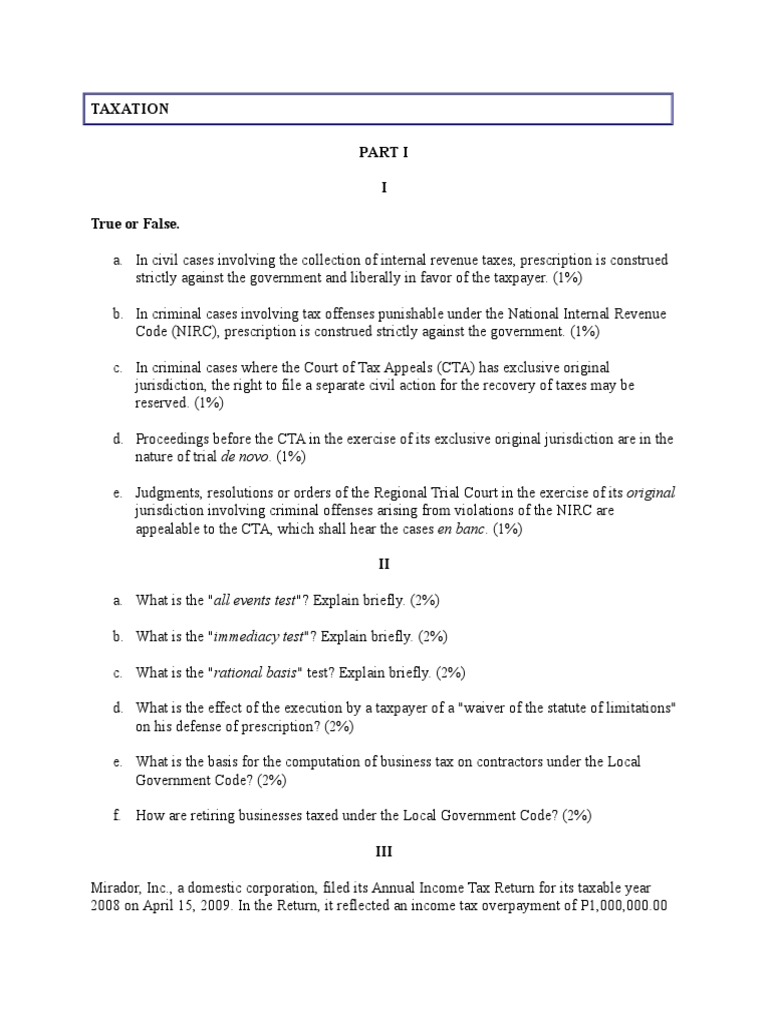 Taxation I True or False PDF Statute Of Limitations Taxpayer