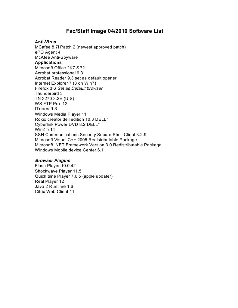2010 Approved Software List for Staff | PDF