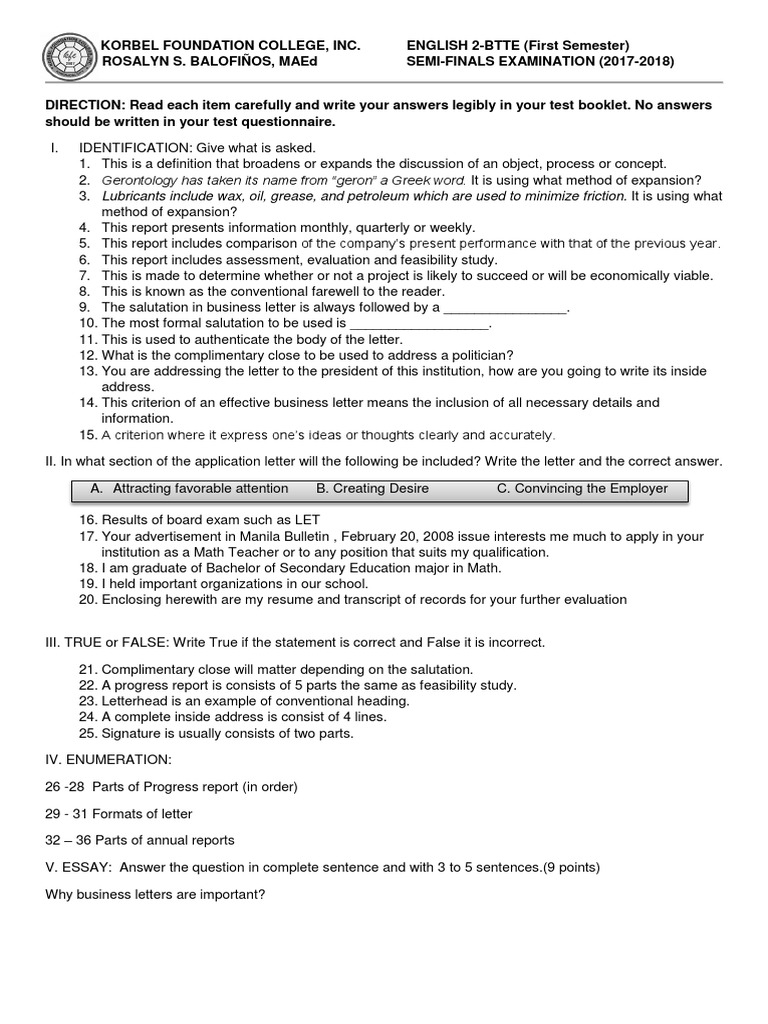 English 2-BTTE Semi-Finals Exam Guide | PDF | Test (Assessment ...