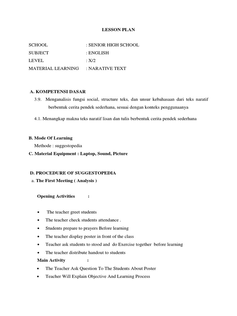 Narrative Text Lesson Plan for High School | PDF | Narrative | Lesson Plan