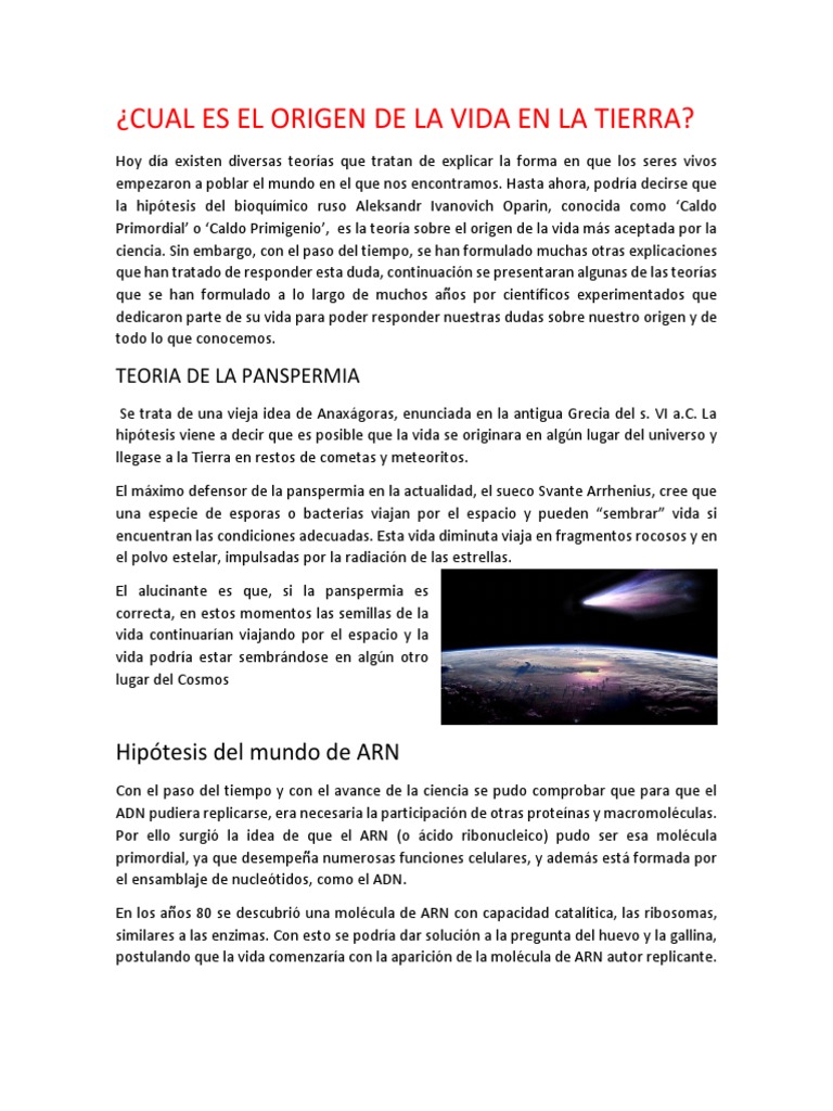 Cual Es El Origen de La Vida en La Tierra | PDF | Rna | Abiogénesis