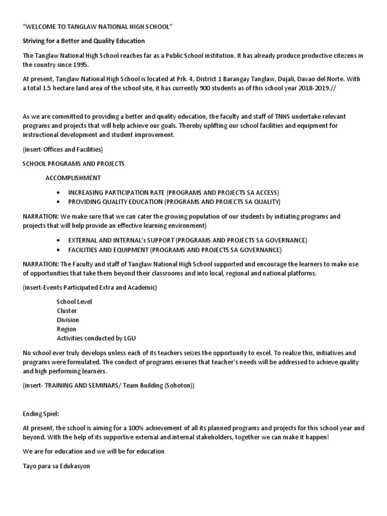 Welcome Tanglaw National High School | PDF