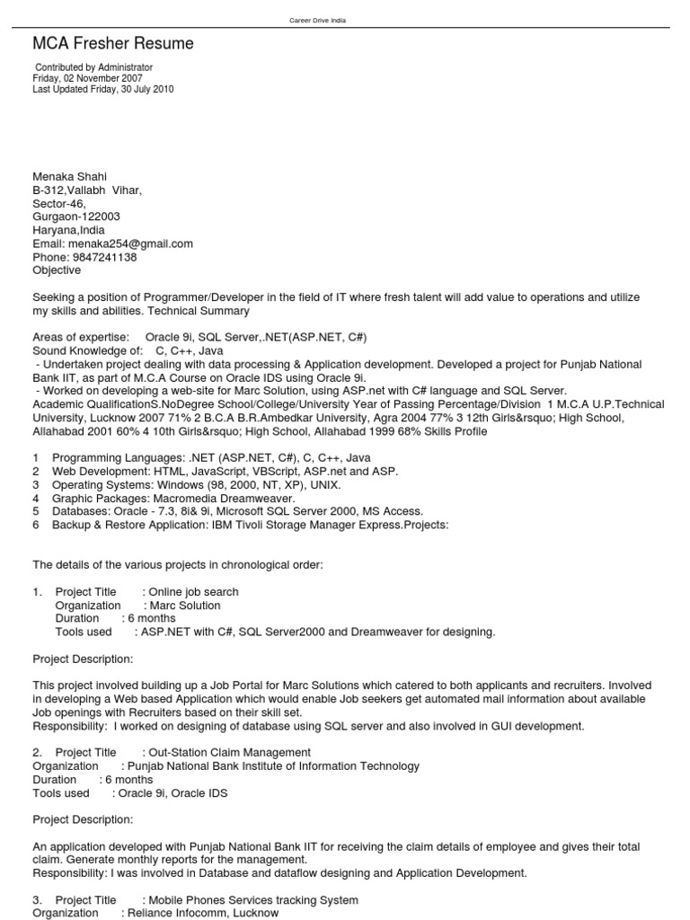 Resume Asp Net Project Description In Resume file active server pages oracle corporation