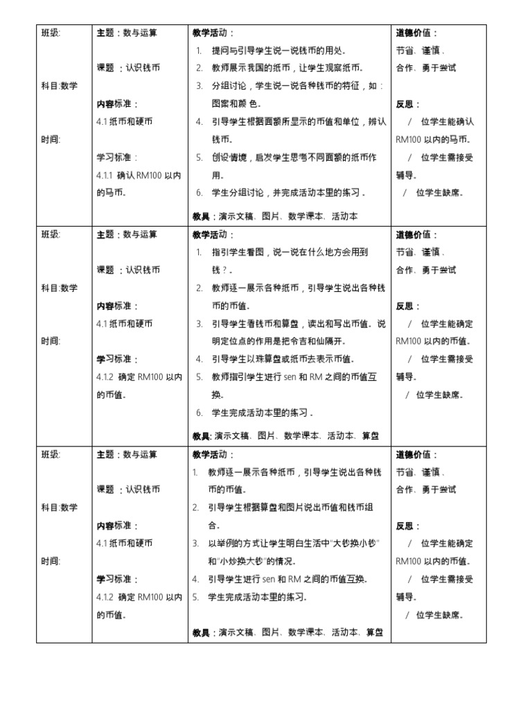 二年级第四课 钱币