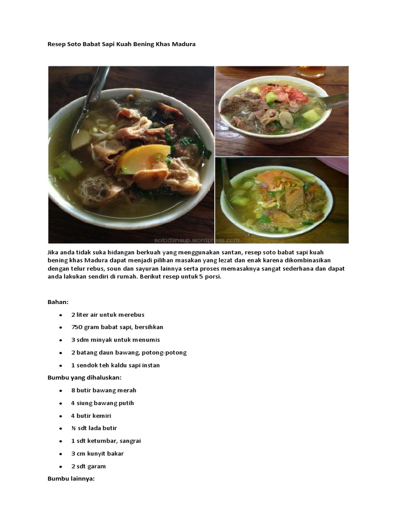 Resep Soto Babat Sapi Kuah Bening Khas