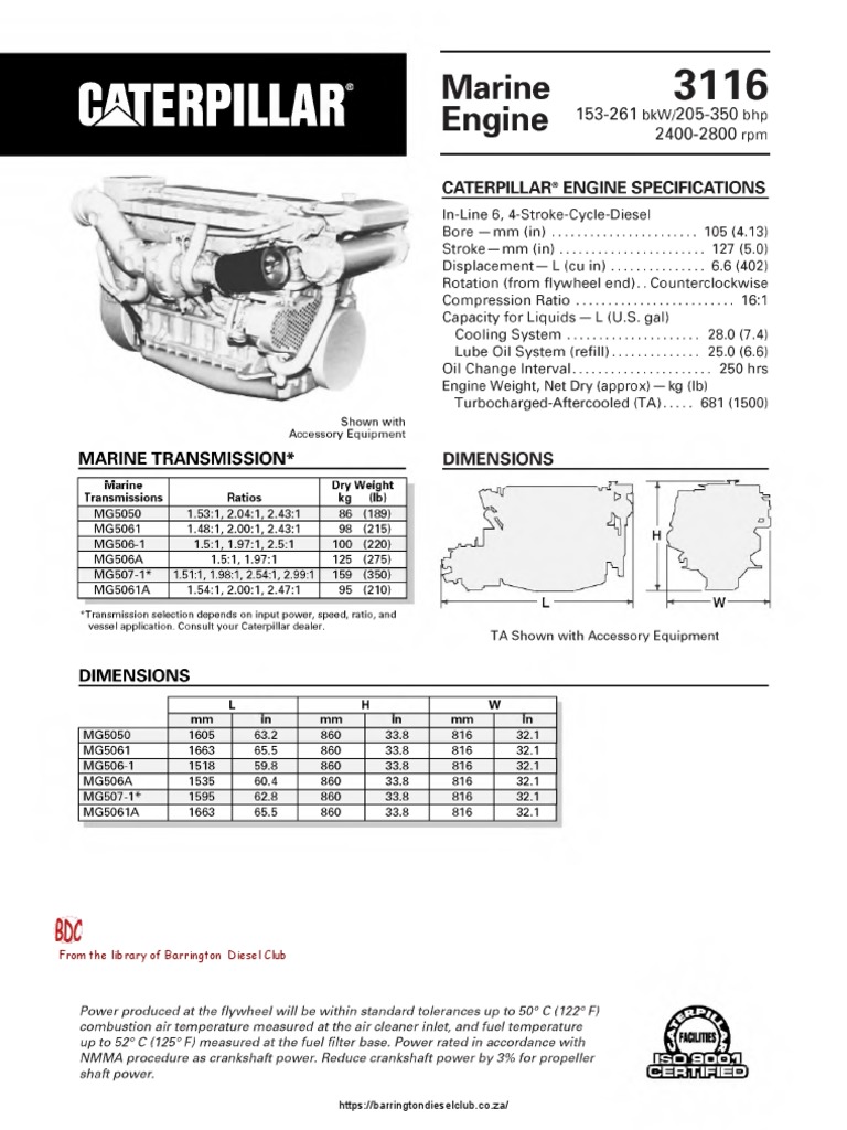 Cat 3116 Marine Spec Sheet Abby PDF Horsepower Engines
