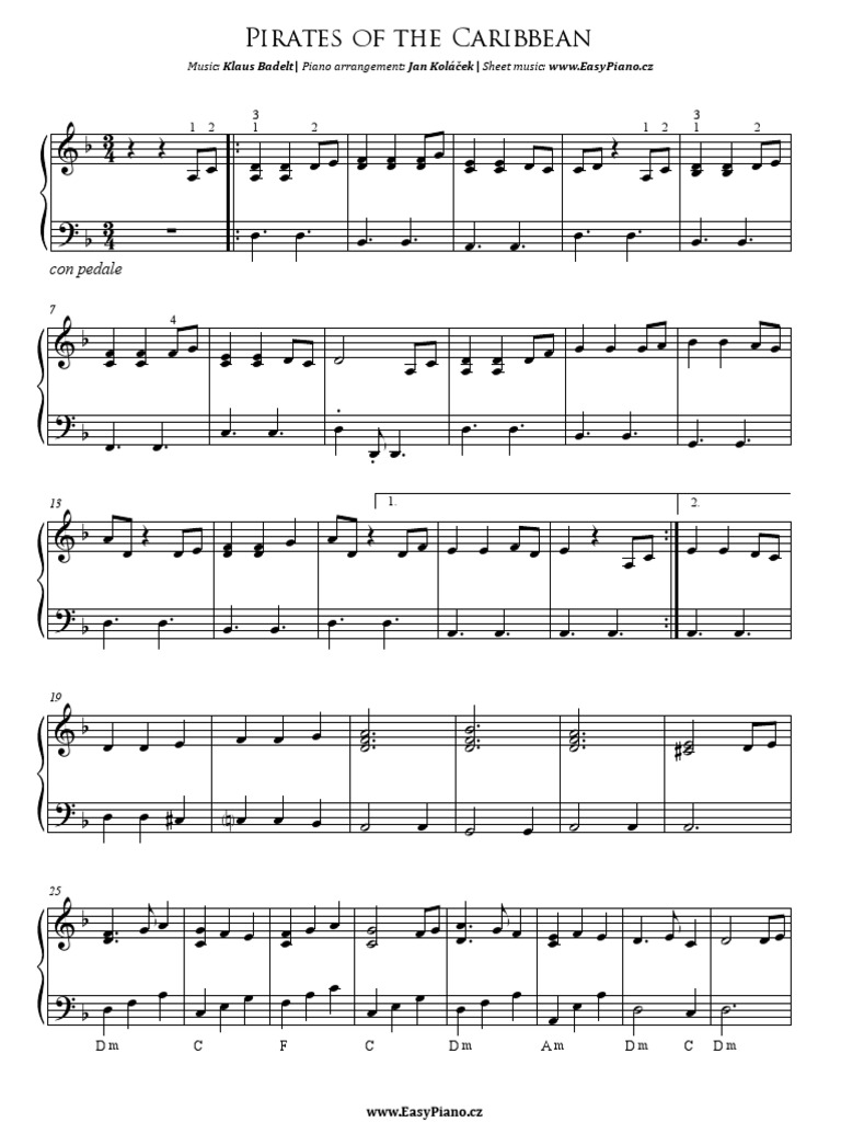 pirates of the caribbean intermediate piano notes