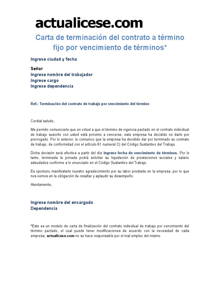 Modelo de carta de terminacion de contrato image to u