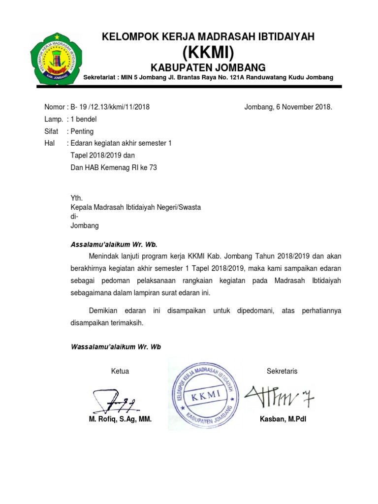 Edaran Akhir Semester 1 Tapel 18 19 Hab Kemenag Ri Ke 73 Th 2019