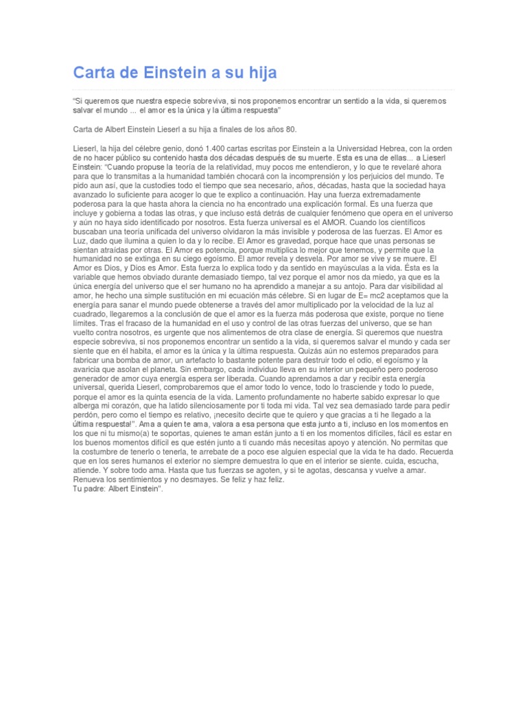 Carta de Einstein A Su Hija PDF Albert Einstein Amor