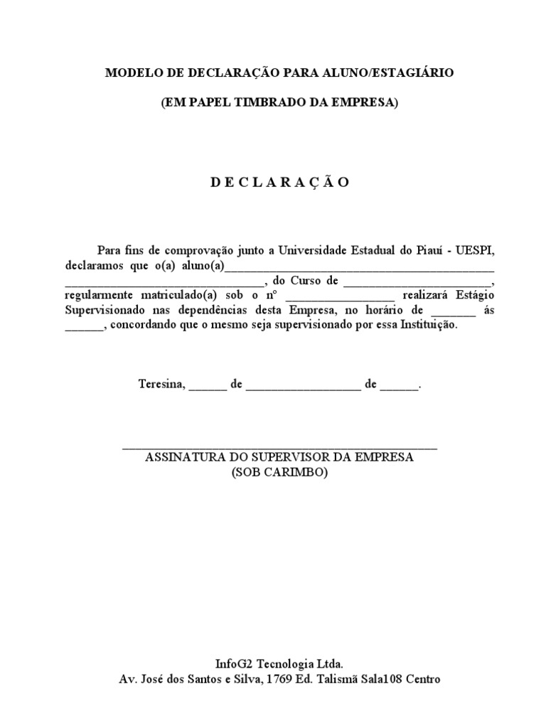 MODELO DE DECLARAÇÃO PARA ESTÁGIO