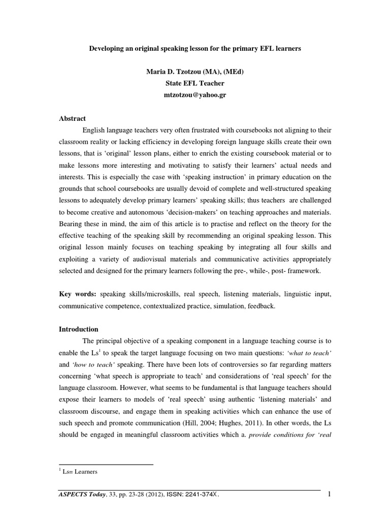 Original EFL Speaking Lesson Plan | PDF | English As A Second Or ...