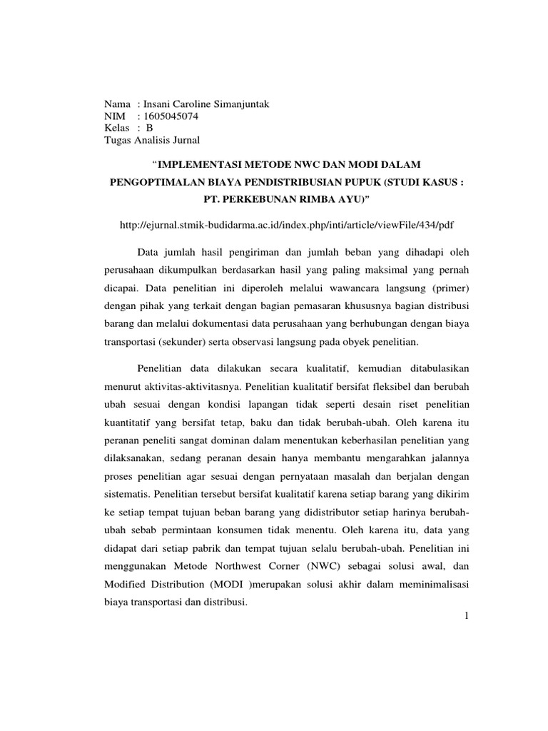 Optimasi Biaya Distribusi Pupuk NWC MODI | PDF | Teknologi & Rekayasa