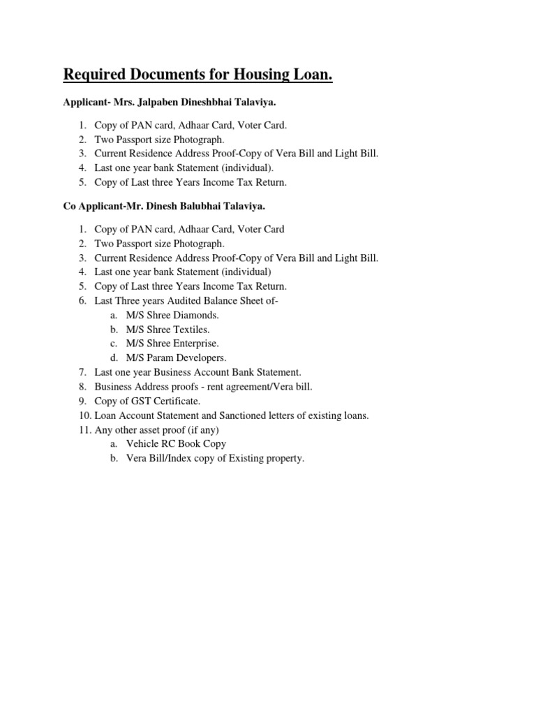Required Documents For Housing Loan | PDF